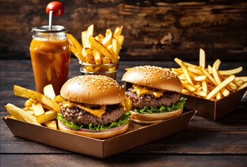 Two hamburgers and fries in a box with a drink, serving burgers