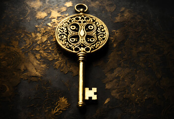 A key on a table with a gold background, golden key, the key of life, ancient key