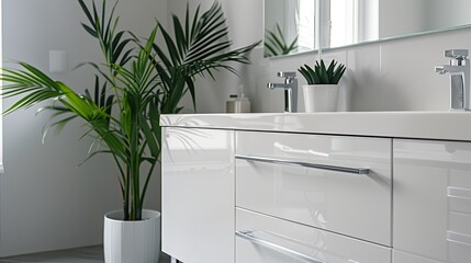 a white modern bathroom cabinet featuring two drawers, chrome legs, and a mirror atop the cabinet, against large green plants nearby, exuding a sense of contemporary luxury and style.