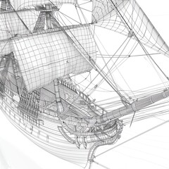 Detailed mesh wireframe of an ancient sailing ship, focusing on sails, rigging, and deck layout