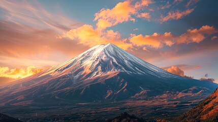 A close-up shot of Mount Fuji's snow-capped peak illuminated by the golden hues of sunset, radiating a sense of tranquility and awe.