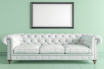 A bright and airy Scandinavian living room with a white leather sofa against a mint green wall. One blank empty mock-up poster frame in a dark ebony finish adds a dramatic touch above the sofa.