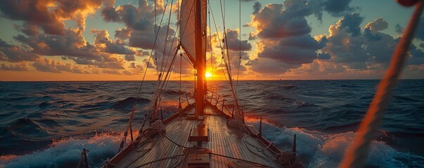 scenic view of sailboat with wooden deck and mast with rope floating on rippling dark sea against cloudy sunset sky