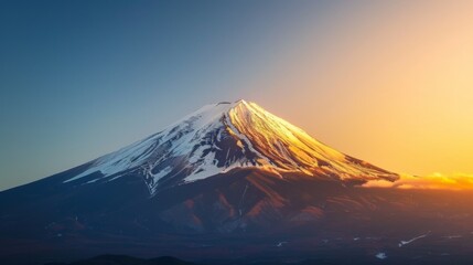 A close-up shot of Mount Fuji's snow-capped peak illuminated by the golden hues of sunset, radiating a sense of tranquility and awe.