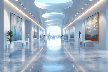 Modern art gallery interior with paintings and sculptures, suitable for real estate and design concepts.