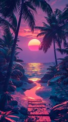 Pathway leading to the sea with a sunset view surrounded by palm trees