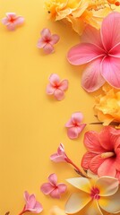web banner design for spring and summer season festival concept from minimal flat lay tropical flower with orchid ,rose decorate on pastel yellow background for songkran ceremony of thailand