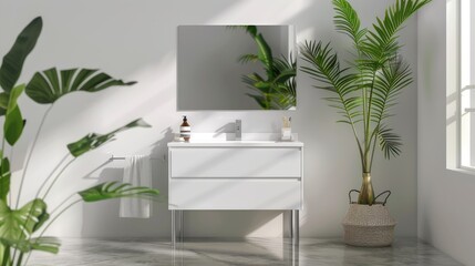 Fototapeta premium a white modern bathroom cabinet featuring two drawers, chrome legs, and a mirror atop the cabinet, against large green plants nearby, exuding a sense of contemporary luxury and style.