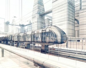 Futuristic city transport system mesh wireframe, including monorail and stations