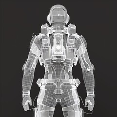Futuristic exoskeleton suit mesh wireframe, highlighting joint mechanisms and support systems