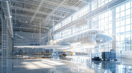 High-tech aerospace facility mesh wireframe, detailing assembly areas and testing equipment