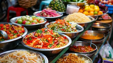 Obraz premium A colorful spread of Thai street food, featuring som tam alongside other delicious culinary delights.