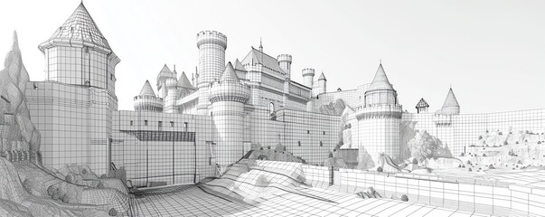 Historic castle mesh wireframe with focus on defensive structures and layout