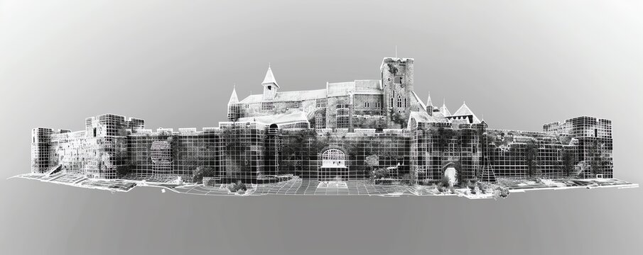 Historic castle mesh wireframe with focus on defensive structures and layout