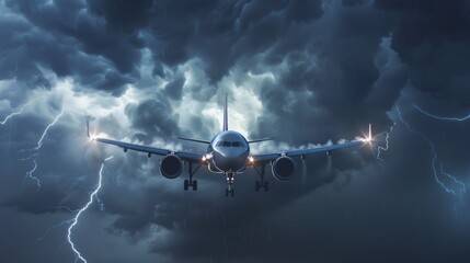 A commercial airliner flying through a dramatic storm cloud, demonstrating the resilience and safety of modern aircraft in adverse weather conditions.