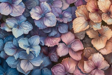 Vertical Hydrangea Blossom Decor: Detailed Oil Texture in Close-Up Florals - Elegant Blend of Colourful Elements and Muted Tones