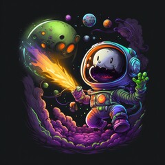 A vector space design with a cartoon character, such as an astronaut or alien, in a fun and adventurous style, with bright and bold colors, and a sense of wonder and exploration