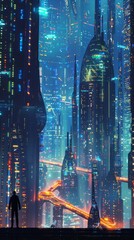 futuristic night eco friendly city with glowing lights and tall unusual shaped buildings