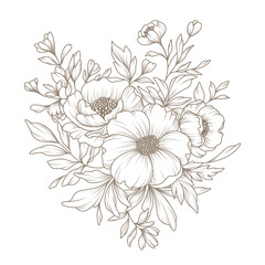 Hand drawn floral pattern in line art style. Bouquet of flowers, branches and leaves. Vector illustration with elegant botanical decorative elements