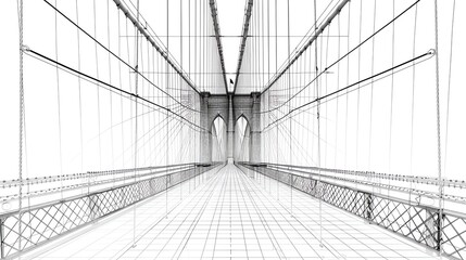 Interactive mesh wireframe of a suspension bridge, focusing on cables and towers
