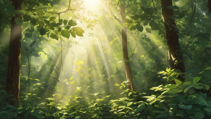 Illustration of dense forest foliage with sunlight filtering through the canopy, capturing the beauty of nature's greenery.