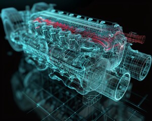 Interactive mesh wireframe of a sports car engine, detailing cylinders, pistons, and fuel injection