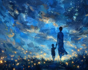 Fantasy art concept mother and child walking sparkles love 
