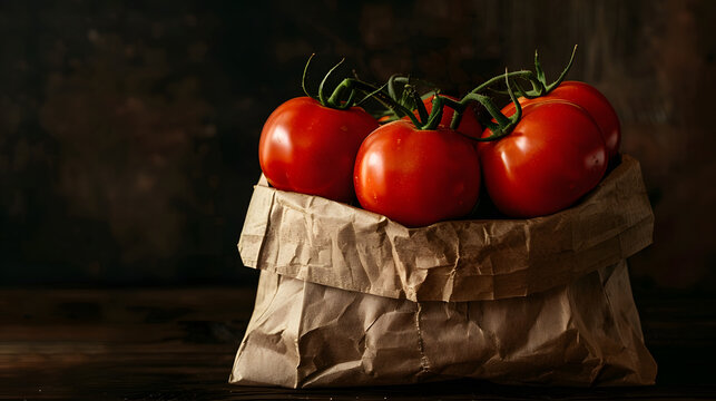 Tomatoes in a papre bag. Black background.