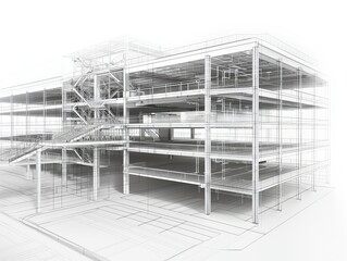 Fototapeta na wymiar Layered mesh wireframe of a multistory parking garage, highlighting ramps and spaces