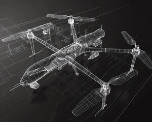 Mesh wireframe of a large commercial drone, including payload and control systems