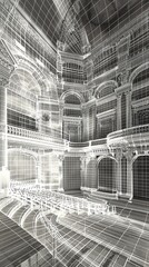 Mesh wireframe of a grand opera house, detailing auditorium, stage, and backstage areas