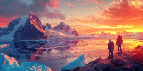 Hikers overlooking an arctic iceberg and glacier panorama with mountains in the background at sunset - Powered by Adobe