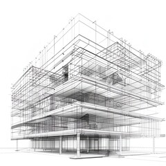 Modern office building mesh wireframe, highlighting structural supports
