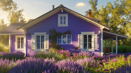 Fototapeta na wymiar A blissful lavender house adorned with traditional windows and shutters radiates freshness against the backdrop of the sunny suburban setting, surrounded by nature's beauty.