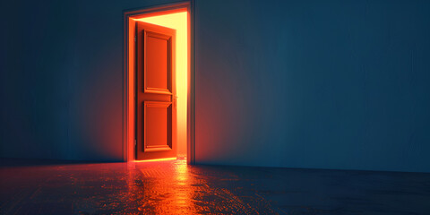 Open door in room wall with bright light from inside against a dark background The concept of new opportunities
