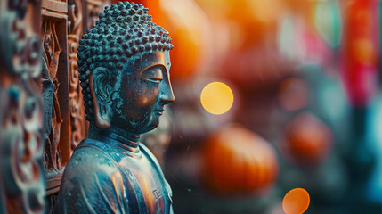 Obraz premium Buddha statue in the temple with bokeh background. AI.