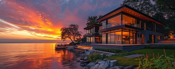 Sunset at Luxury Waterfront Modern Home