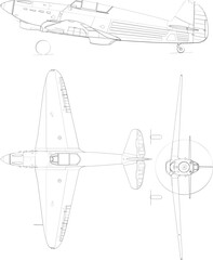 Adobe Illustrator Artwork Yakovlev Yak-1 3-view-svg vector file.eps