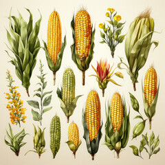 Watercolor Colorful Corn Illustration, Generative Ai