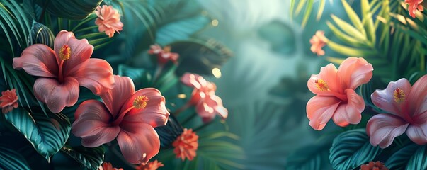 Abstract background with vines and tropical flowers. Copy space. Banner