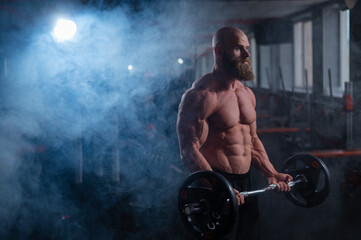 Caucasian bald topless man doing an exercise with a barbell in the gym. Bicep curls with weights.