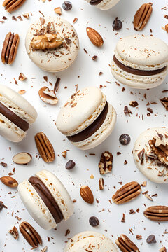 Chocolate filled macrones and almonds on the table.