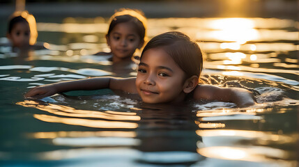 Dwójka dzieci w basenie o zachodzie słońca, letni czas 
