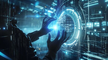 Fototapeta premium Futuristic Interaction With Holographic Interface in a Data Center
