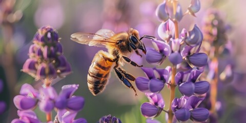 Bee, antennae touching flower in flight