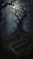 Moody illustration of a forest shrouded in darkness, with gnarled branches and tangled roots casting ominous shadows, evoking a sense of dread and foreboding.