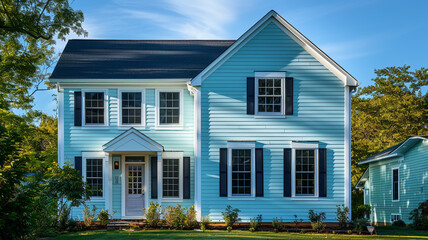 Amidst the suburban bliss, a pale blue house with siding emanates tranquility under the sunny sky.