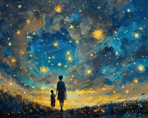 Fantasy art concept mother and child walking sparkles love 