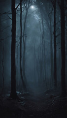 Moody interpretation of a dark forest at twilight, with eerie shadows and mysterious sounds echoing through the trees, enveloping the scene in an atmosphere of suspense and tension.