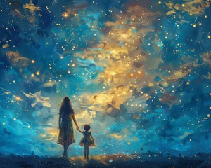 Fantasy art concept mother and child walking sparkles love 